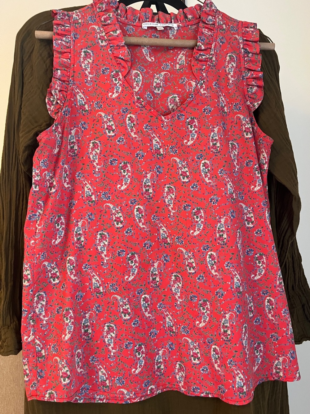 Collective Concepts Coral Pink Paisley Ruffle V-Neck Tank